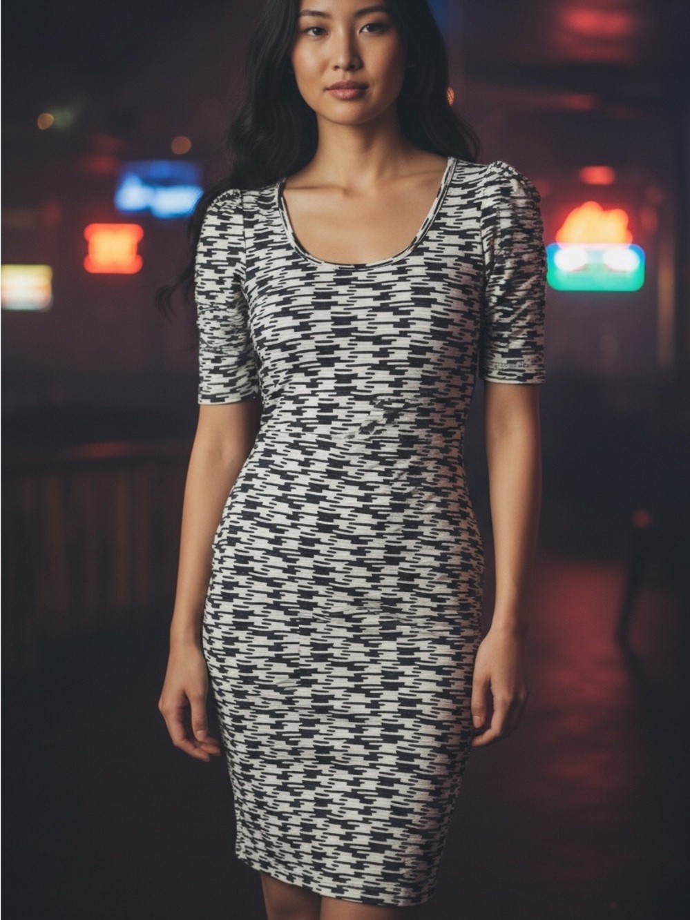 METALICUS Australia Bodycon Stretch Jacquard Puff Sleeve Dress Size XS